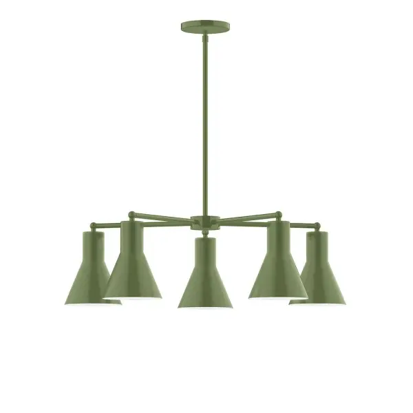 The Flare collection reflects a more modern RLM style. Clean lines and basic geometric shapes define this series. Available in multiple shade styles to suit your décor, be it modern farmhouse, coastal cottage, or industrial loft. Collection: Flare Finish: Fern Green Glass: 8" Flare Width: 29.75" Height: 56.50" Length: 29.75" Weight: 20.00 lb Canopy: 5" diameter Number of Bulbs: 5 Maximum Wattage: 8.00 W Light Source: LED Light Output: 800.00 lm Color Temperature: 3000 K CRI: 90 Dimmable Rated Average Life: 50,000 Voltage: 120.00 V Country of Origin: US Safety Listing: UL/cUL Safety Rating: Dry LED Manufacturer Warranty: 1-year limited warranty on the fixture.