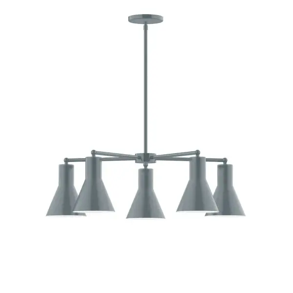 The Flare collection reflects a more modern RLM style. Clean lines and basic geometric shapes define this series. Available in multiple shade styles to suit your décor, be it modern farmhouse, coastal cottage, or industrial loft. Collection: Flare Finish: Slate Gray Glass: 8" Flare Width: 29.75" Height: 56.50" Length: 29.75" Weight: 20.00 lb Canopy: 5" diameter Number of Bulbs: 5 Maximum Wattage: 8.00 W Light Source: LED Light Output: 800.00 lm Color Temperature: 3000 K CRI: 90 Dimmable Rated Average Life: 50,000 Voltage: 120.00 V Country of Origin: US Safety Listing: UL/cUL Safety Rating: Dry LED Manufacturer Warranty: 1-year limited warranty on the fixture.