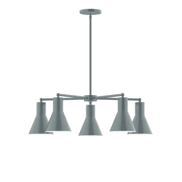 The Flare collection reflects a more modern RLM style. Clean lines and basic geometric shapes define this series. Available in multiple shade styles to suit your décor, be it modern farmhouse, coastal cottage, or industrial loft. Collection: Flare Finish: Slate Gray Glass: 8" Flare Notes: A19 LED Width: 29.75" Height: 56.50" Length: 29.75" Weight: 20.00 lb Canopy: 5" diameter Number of Bulbs: 5 Maximum Wattage: 100.00 W Bulb Type: A19 Bulb Base: E26 Medium Light Source: Incandescent or LED equivalent Dimmable Voltage: 120.00 V Country of Origin: US Safety Listing: UL/cUL Safety Rating: Dry LED Manufacturer Warranty: 1-year limited warranty on the fixture.