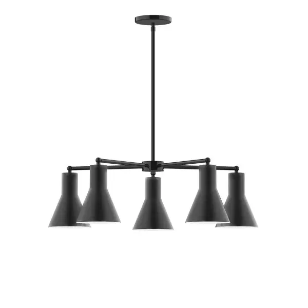 The Flare collection reflects a more modern RLM style. Clean lines and basic geometric shapes define this series. Available in multiple shade styles to suit your décor, be it modern farmhouse, coastal cottage, or industrial loft. Collection: Flare Finish: Black Glass: 8" Flare Width: 29.75" Height: 56.50" Length: 29.75" Weight: 20.00 lb Canopy: 5" diameter Number of Bulbs: 5 Maximum Wattage: 8.00 W Light Source: LED Light Output: 800.00 lm Color Temperature: 3000 K CRI: 90 Dimmable Rated Average Life: 50,000 Voltage: 120.00 V Country of Origin: US Safety Listing: UL/cUL Safety Rating: Dry LED Manufacturer Warranty: 1-year limited warranty on the fixture.