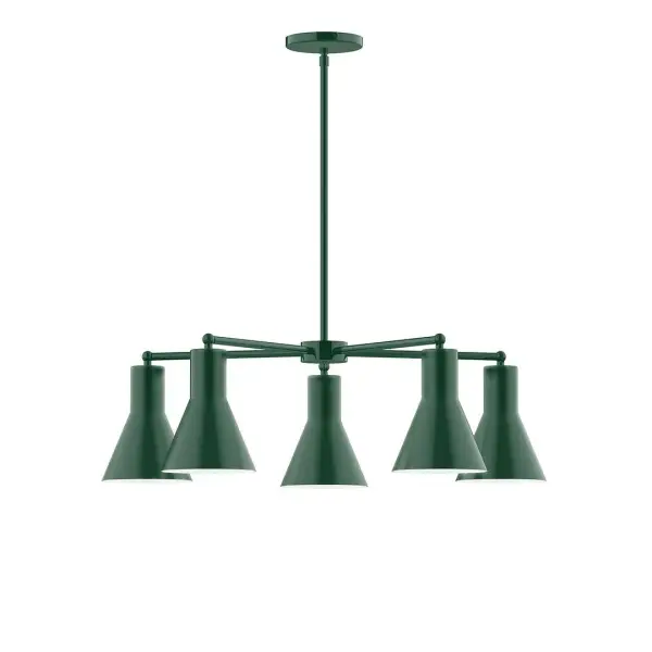 The Flare collection reflects a more modern RLM style. Clean lines and basic geometric shapes define this series. Available in multiple shade styles to suit your décor, be it modern farmhouse, coastal cottage, or industrial loft. Collection: Flare Finish: Forest Green Glass: 8" Flare Width: 29.75" Height: 56.50" Length: 29.75" Weight: 20.00 lb Canopy: 5" diameter Number of Bulbs: 5 Maximum Wattage: 8.00 W Light Source: LED Light Output: 800.00 lm Color Temperature: 3000 K CRI: 90 Dimmable Rated Average Life: 50,000 Voltage: 120.00 V Country of Origin: US Safety Listing: UL/cUL Safety Rating: Dry LED Manufacturer Warranty: 1-year limited warranty on the fixture.