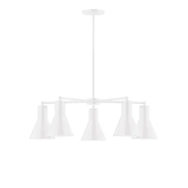 The Flare collection reflects a more modern RLM style. Clean lines and basic geometric shapes define this series. Available in multiple shade styles to suit your décor, be it modern farmhouse, coastal cottage, or industrial loft. Collection: Flare Finish: White Glass: 8" Flare Width: 29.75" Height: 56.50" Length: 29.75" Weight: 20.00 lb Canopy: 5" diameter Number of Bulbs: 5 Maximum Wattage: 8.00 W Light Source: LED Light Output: 800.00 lm Color Temperature: 3000 K CRI: 90 Dimmable Rated Average Life: 50,000 Voltage: 120.00 V Country of Origin: US Safety Listing: UL/cUL Safety Rating: Dry LED Manufacturer Warranty: 1-year limited warranty on the fixture.