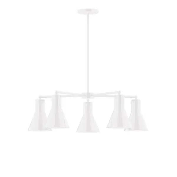 The Flare collection reflects a more modern RLM style. Clean lines and basic geometric shapes define this series. Available in multiple shade styles to suit your décor, be it modern farmhouse, coastal cottage, or industrial loft. Collection: Flare Finish: White Glass: 8" Flare Notes: A19 LED Width: 29.75" Height: 56.50" Length: 29.75" Weight: 20.00 lb Canopy: 5" diameter Number of Bulbs: 5 Maximum Wattage: 100.00 W Bulb Type: A19 Bulb Base: E26 Medium Light Source: Incandescent or LED equivalent Dimmable Voltage: 120.00 V Country of Origin: US Safety Listing: UL/cUL Safety Rating: Dry LED Manufacturer Warranty: 1-year limited warranty on the fixture.