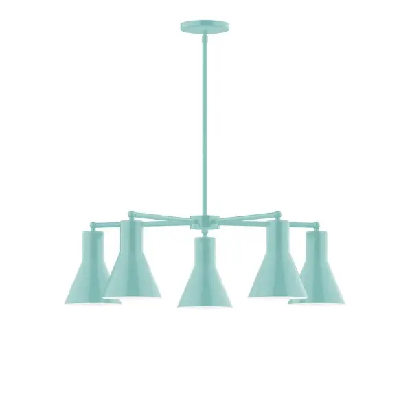 The Flare collection reflects a more modern RLM style. Clean lines and basic geometric shapes define this series. Available in multiple shade styles to suit your décor, be it modern farmhouse, coastal cottage, or industrial loft. Collection: Flare Finish: Sea Green Glass: 8" Flare Width: 29.75" Height: 56.50" Length: 29.75" Weight: 20.00 lb Canopy: 5" diameter Number of Bulbs: 5 Maximum Wattage: 8.00 W Light Source: LED Light Output: 800.00 lm Color Temperature: 3000 K CRI: 90 Dimmable Rated Average Life: 50,000 Voltage: 120.00 V Country of Origin: US Safety Listing: UL/cUL Safety Rating: Dry LED Manufacturer Warranty: 1-year limited warranty on the fixture.