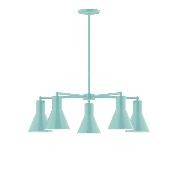 The Flare collection reflects a more modern RLM style. Clean lines and basic geometric shapes define this series. Available in multiple shade styles to suit your décor, be it modern farmhouse, coastal cottage, or industrial loft. Collection: Flare Finish: Sea Green Glass: 8" Flare Notes: A19 LED Width: 29.75" Height: 56.50" Length: 29.75" Weight: 20.00 lb Canopy: 5" diameter Number of Bulbs: 5 Maximum Wattage: 100.00 W Bulb Type: A19 Bulb Base: E26 Medium Light Source: Incandescent or LED equivalent Dimmable Voltage: 120.00 V Country of Origin: US Safety Listing: UL/cUL Safety Rating: Dry LED Manufacturer Warranty: 1-year limited warranty on the fixture.