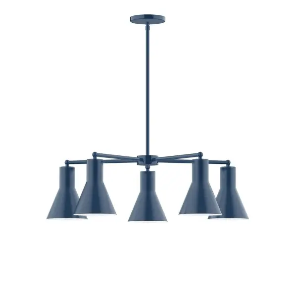 The Flare collection reflects a more modern RLM style. Clean lines and basic geometric shapes define this series. Available in multiple shade styles to suit your décor, be it modern farmhouse, coastal cottage, or industrial loft. Collection: Flare Finish: Navy Glass: 8" Flare Width: 29.75" Height: 56.50" Length: 29.75" Weight: 20.00 lb Canopy: 5" diameter Number of Bulbs: 5 Maximum Wattage: 8.00 W Light Source: LED Light Output: 800.00 lm Color Temperature: 3000 K CRI: 90 Dimmable Rated Average Life: 50,000 Voltage: 120.00 V Country of Origin: US Safety Listing: UL/cUL Safety Rating: Dry LED Manufacturer Warranty: 1-year limited warranty on the fixture.