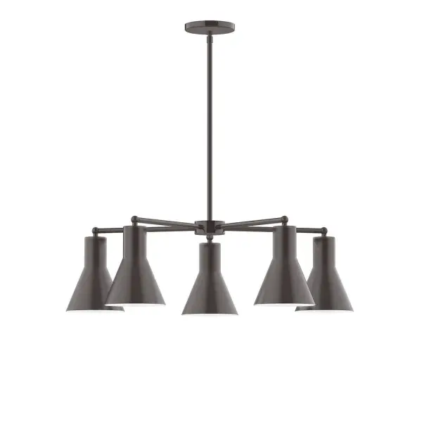 The Flare collection reflects a more modern RLM style. Clean lines and basic geometric shapes define this series. Available in multiple shade styles to suit your décor, be it modern farmhouse, coastal cottage, or industrial loft. Collection: Flare Finish: Architectural Bronze Glass: 8" Flare Width: 29.75" Height: 56.50" Length: 29.75" Weight: 20.00 lb Canopy: 5" diameter Number of Bulbs: 5 Maximum Wattage: 8.00 W Light Source: LED Light Output: 800.00 lm Color Temperature: 3000 K CRI: 90 Dimmable Rated Average Life: 50,000 Voltage: 120.00 V Country of Origin: US Safety Listing: UL/cUL Safety Rating: Dry LED Manufacturer Warranty: 1-year limited warranty on the fixture.