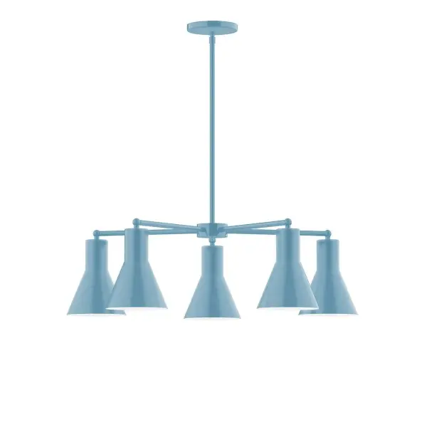 The Flare collection reflects a more modern RLM style. Clean lines and basic geometric shapes define this series. Available in multiple shade styles to suit your décor, be it modern farmhouse, coastal cottage, or industrial loft. Collection: Flare Finish: Light Blue Glass: 8" Flare Width: 29.75" Height: 56.50" Length: 29.75" Weight: 20.00 lb Canopy: 5" diameter Number of Bulbs: 5 Maximum Wattage: 8.00 W Light Source: LED Light Output: 800.00 lm Color Temperature: 3000 K CRI: 90 Dimmable Rated Average Life: 50,000 Voltage: 120.00 V Country of Origin: US Safety Listing: UL/cUL Safety Rating: Dry LED Manufacturer Warranty: 1-year limited warranty on the fixture.