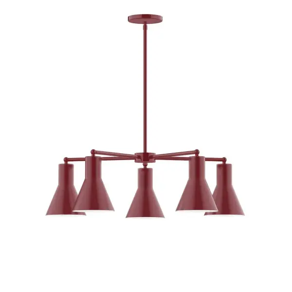 The Flare collection reflects a more modern RLM style. Clean lines and basic geometric shapes define this series. Available in multiple shade styles to suit your décor, be it modern farmhouse, coastal cottage, or industrial loft. Collection: Flare Finish: Barn Red Glass: 8" Flare Width: 29.75" Height: 56.50" Length: 29.75" Weight: 20.00 lb Canopy: 5" diameter Number of Bulbs: 5 Maximum Wattage: 8.00 W Light Source: LED Light Output: 800.00 lm Color Temperature: 3000 K CRI: 90 Dimmable Rated Average Life: 50,000 Voltage: 120.00 V Country of Origin: US Safety Listing: UL/cUL Safety Rating: Dry LED Manufacturer Warranty: 1-year limited warranty on the fixture.