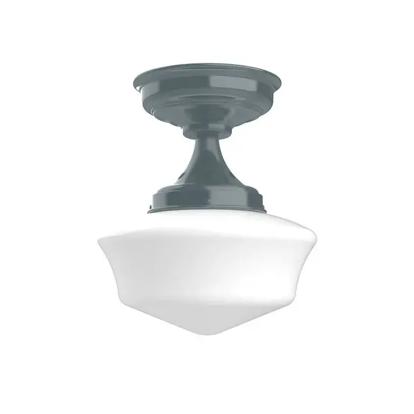 The Flush Mount Ceiling Light mounts close to the ceiling allowing for maximum head room. A decorative accent in the kitchen, hallway, bedroom, or bathroom. Our 12-inch opal glass Schoolhouse shade is made in the USA and will add a vintage flair to your space. Collection: Schoolhouse Finish: Slate Gray Glass: 12 inch Schoolhouse Notes: Option (1) A19 LED and 1-Integrated 8W Width: 12.00" Height: 13.75" Length: 12.00" Weight: 13.00 lb Canopy: 8.375" diameter Number of Bulbs: 1 Maximum Wattage: 100.00 W Bulb Type: A19 Bulb Base: E26 Medium Light Source: Incandescent or LED equivalent Dimmable Voltage: 120.00 V Country of Origin: US Safety Listing: UL/cUL Safety Rating: Dry LED Manufacturer Warranty: 1-year limited warranty on the fixture.