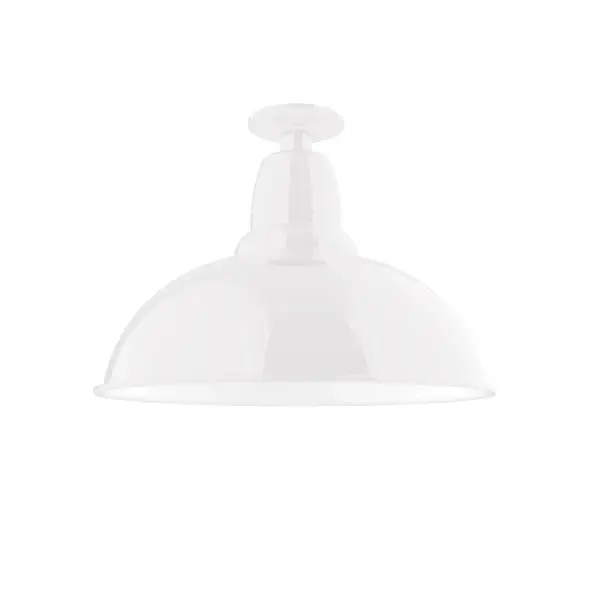 The Flush Mount Ceiling Light mounts close to the ceiling allowing for maximum head room. UL wet rated for outdoor use on a front porch, or in an entryway, but also for interior use as a decorative accent in the kitchen, hallway, bedroom, or bathroom. Our Cafe shade, the ultimate domed reflector, is classic in shape and offers great light output. Collection: Cafe Finish: White Glass: 16 inch Cafe Width: 16.00" Height: 11.75" Weight: 12.00 lb Canopy: 4.125" diameter Number of Bulbs: 1 Maximum Wattage: 15.00 W Bulb Type: E26 Light Source: LED Light Output: 1200.00 lm Color Temperature: 3000 K CRI: 90 Dimmable Rated Average Life: 50,000 Voltage: 120.00 V Country of Origin: US Safety Listing: UL/cUL Safety Rating: Wet Dark Sky LED Manufacturer Warranty: 1-year limited warranty on the fixture.