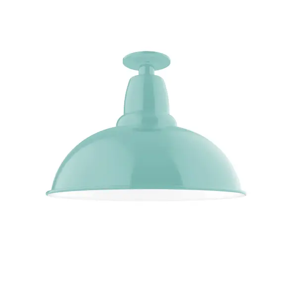 The Flush Mount Ceiling Light mounts close to the ceiling allowing for maximum head room. UL wet rated for outdoor use on a front porch, or in an entryway, but also for interior use as a decorative accent in the kitchen, hallway, bedroom, or bathroom. Our Cafe shade, the ultimate domed reflector, is classic in shape and offers great light output. Collection: Cafe Finish: Sea Green Glass: 16 inch Cafe Width: 16.00" Height: 11.75" Weight: 12.00 lb Canopy: 4.125" diameter Number of Bulbs: 1 Maximum Wattage: 15.00 W Bulb Type: E26 Light Source: LED Light Output: 1200.00 lm Color Temperature: 2700 K CRI: 90 Dimmable Rated Average Life: 50,000 Voltage: 120.00 V Country of Origin: US Safety Listing: UL/cUL Safety Rating: Wet Dark Sky LED Manufacturer Warranty: 1-year limited warranty on the fixture.