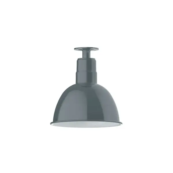 The Flush Mount Ceiling Light mounts close to the ceiling allowing for maximum head room. UL wet rated for outdoor use on a front porch, or in an entryway, but also for interior use as a decorative accent in the kitchen, hallway, bedroom, or bathroom. Our Deep Bowl shade, the ultimate domed reflector, is classic in shape and offers great light output. Collection: Deep Bowl Finish: Slate Gray Glass: 12 inch Deep Bowl Width: 12.00" Height: 12.75" Length: 12.00" Weight: 8.00 lb Canopy: 4.125" diameter Number of Bulbs: 1 Maximum Wattage: 10.00 W Bulb Type: E26 Light Source: LED Light Output: 800.00 lm Color Temperature: 2700 K CRI: 90 Dimmable Rated Average Life: 50,000 Voltage: 120.00 V Country of Origin: US Safety Listing: UL/cUL Safety Rating: Wet Dark Sky LED Manufacturer Warranty: 1-year limited warranty on the fixture.