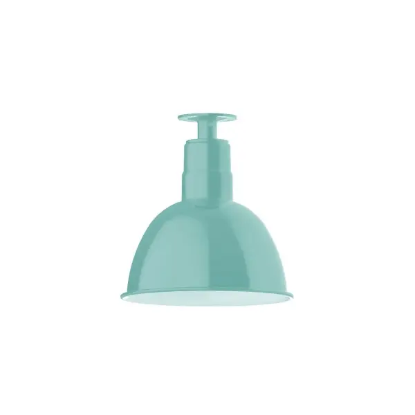 The Flush Mount Ceiling Light mounts close to the ceiling allowing for maximum head room. UL wet rated for outdoor use on a front porch, or in an entryway, but also for interior use as a decorative accent in the kitchen, hallway, bedroom, or bathroom. Our Deep Bowl shade, the ultimate domed reflector, is classic in shape and offers great light output. Collection: Deep Bowl Finish: Sea Green Glass: 12 inch Deep Bowl Notes: Option (1) A19 LED and 3-Integrated 8W, 10W, 15W Width: 12.00" Height: 12.75" Length: 12.00" Weight: 8.00 lb Canopy: 4.125" diameter Number of Bulbs: 1 Maximum Wattage: 100.00 W Bulb Type: A19 Bulb Base: E26 Medium Light Source: Incandescent or LED equivalent Dimmable Voltage: 120.00 V Country of Origin: US Safety Listing: UL/cUL Safety Rating: Wet Dark Sky LED Manufacturer Warranty: 1-year limited warranty on the fixture.