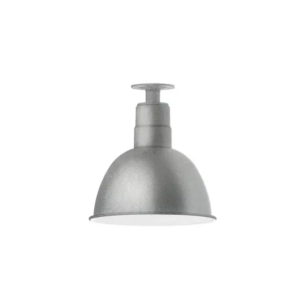 The Flush Mount Ceiling Light mounts close to the ceiling allowing for maximum head room. UL wet rated for outdoor use on a front porch, or in an entryway, but also for interior use as a decorative accent in the kitchen, hallway, bedroom, or bathroom. Our Deep Bowl shade, the ultimate domed reflector, is classic in shape and offers great light output. Collection: Deep Bowl Finish: Painted Galvanized Glass: 12 inch Deep Bowl Width: 12.00" Height: 12.75" Length: 12.00" Weight: 8.00 lb Canopy: 4.125" diameter Number of Bulbs: 1 Maximum Wattage: 10.00 W Bulb Type: E26 Light Source: LED Light Output: 800.00 lm Color Temperature: 3000 K CRI: 90 Dimmable Rated Average Life: 50,000 Voltage: 120.00 V Country of Origin: US Safety Listing: UL/cUL Safety Rating: Wet Dark Sky LED Manufacturer Warranty: 1-year limited warranty on the fixture.