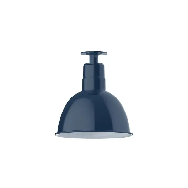 The Flush Mount Ceiling Light mounts close to the ceiling allowing for maximum head room. UL wet rated for outdoor use on a front porch, or in an entryway, but also for interior use as a decorative accent in the kitchen, hallway, bedroom, or bathroom. Our Deep Bowl shade, the ultimate domed reflector, is classic in shape and offers great light output. Collection: Deep Bowl Finish: Navy Glass: 12 inch Deep Bowl Width: 12.00" Height: 12.75" Length: 12.00" Weight: 8.00 lb Canopy: 4.125" diameter Number of Bulbs: 1 Maximum Wattage: 10.00 W Light Source: LED Light Output: 800.00 lm Color Temperature: 2700 K CRI: 90 Dimmable Rated Average Life: 50,000 Voltage: 120.00 V Country of Origin: US Safety Listing: UL/cUL Safety Rating: Wet Dark Sky LED Manufacturer Warranty: 1-year limited warranty on the fixture.
