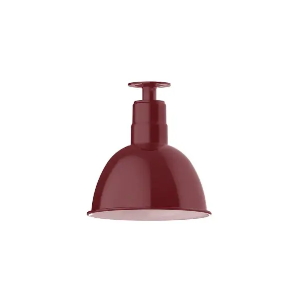 The Flush Mount Ceiling Light mounts close to the ceiling allowing for maximum head room. UL wet rated for outdoor use on a front porch, or in an entryway, but also for interior use as a decorative accent in the kitchen, hallway, bedroom, or bathroom. Our Deep Bowl shade, the ultimate domed reflector, is classic in shape and offers great light output. Collection: Deep Bowl Finish: Barn Red Glass: 12 inch Deep Bowl Width: 12.00" Height: 12.75" Length: 12.00" Weight: 8.00 lb Canopy: 4.125" diameter Number of Bulbs: 1 Maximum Wattage: 10.00 W Light Source: LED Light Output: 800.00 lm Color Temperature: 3000 K CRI: 90 Dimmable Rated Average Life: 50,000 Voltage: 120.00 V Country of Origin: US Safety Listing: UL/cUL Safety Rating: Wet Dark Sky LED Manufacturer Warranty: 1-year limited warranty on the fixture.
