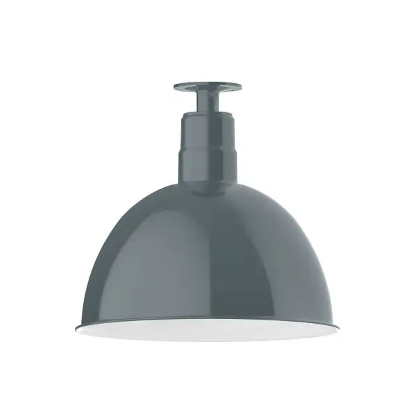 The Flush Mount Ceiling Light mounts close to the ceiling allowing for maximum head room. UL wet rated for outdoor use on a front porch, or in an entryway, but also for interior use as a decorative accent in the kitchen, hallway, bedroom, or bathroom. Our Deep Bowl shade, the ultimate domed reflector, is classic in shape and offers great light output. Collection: Deep Bowl Finish: Slate Gray Glass: 16 inch Deep Bowl Notes: Option (1) A19 LED and 3-Integrated 8W, 10W, 15W Width: 16.00" Height: 14.75" Length: 16.00" Weight: 12.00 lb Canopy: 4.125" diameter Number of Bulbs: 1 Maximum Wattage: 100.00 W Bulb Type: A19 Bulb Base: E26 Medium Light Source: Incandescent or LED equivalent Dimmable Voltage: 120.00 V Country of Origin: US Safety Listing: UL/cUL Safety Rating: Wet Dark Sky LED Manufacturer Warranty: 1-year limited warranty on the fixture.