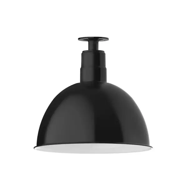 The Flush Mount Ceiling Light mounts close to the ceiling allowing for maximum head room. UL wet rated for outdoor use on a front porch, or in an entryway, but also for interior use as a decorative accent in the kitchen, hallway, bedroom, or bathroom. Our Deep Bowl shade, the ultimate domed reflector, is classic in shape and offers great light output. Collection: Deep Bowl Finish: Black Glass: 16 inch Deep Bowl Notes: Option (1) A19 LED and 3-Integrated 8W, 10W, 15W Width: 16.00" Height: 14.75" Length: 16.00" Weight: 12.00 lb Canopy: 4.125" diameter Number of Bulbs: 1 Maximum Wattage: 100.00 W Bulb Type: A19 Bulb Base: E26 Medium Light Source: Incandescent or LED equivalent Dimmable Voltage: 120.00 V Country of Origin: US Safety Listing: UL/cUL Safety Rating: Wet Dark Sky LED Manufacturer Warranty: 1-year limited warranty on the fixture.