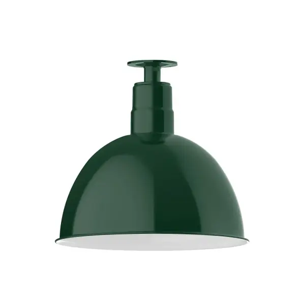 The Flush Mount Ceiling Light mounts close to the ceiling allowing for maximum head room. UL wet rated for outdoor use on a front porch, or in an entryway, but also for interior use as a decorative accent in the kitchen, hallway, bedroom, or bathroom. Our Deep Bowl shade, the ultimate domed reflector, is classic in shape and offers great light output. Collection: Deep Bowl Finish: Forest Green Glass: 16 inch Deep Bowl Notes: Option (1) A19 LED and 3-Integrated 8W, 10W, 15W Width: 16.00" Height: 14.75" Length: 16.00" Weight: 12.00 lb Canopy: 4.125" diameter Number of Bulbs: 1 Maximum Wattage: 100.00 W Bulb Type: A19 Bulb Base: E26 Medium Light Source: Incandescent or LED equivalent Dimmable Voltage: 120.00 V Country of Origin: US Safety Listing: UL/cUL Safety Rating: Wet Dark Sky LED Manufacturer Warranty: 1-year limited warranty on the fixture.