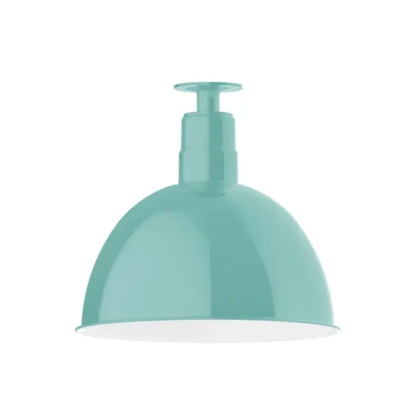 The Flush Mount Ceiling Light mounts close to the ceiling allowing for maximum head room. UL wet rated for outdoor use on a front porch, or in an entryway, but also for interior use as a decorative accent in the kitchen, hallway, bedroom, or bathroom. Our Deep Bowl shade, the ultimate domed reflector, is classic in shape and offers great light output. Collection: Deep Bowl Finish: Sea Green Glass: 16 inch Deep Bowl Notes: Option (1) A19 LED and 3-Integrated 8W, 10W, 15W Width: 16.00" Height: 14.75" Length: 16.00" Weight: 12.00 lb Canopy: 4.125" diameter Number of Bulbs: 1 Maximum Wattage: 100.00 W Bulb Type: A19 Bulb Base: E26 Medium Light Source: Incandescent or LED equivalent Dimmable Voltage: 120.00 V Country of Origin: US Safety Listing: UL/cUL Safety Rating: Wet Dark Sky LED Manufacturer Warranty: 1-year limited warranty on the fixture.