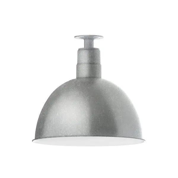 The Flush Mount Ceiling Light mounts close to the ceiling allowing for maximum head room. UL wet rated for outdoor use on a front porch, or in an entryway, but also for interior use as a decorative accent in the kitchen, hallway, bedroom, or bathroom. Our Deep Bowl shade, the ultimate domed reflector, is classic in shape and offers great light output. Collection: Deep Bowl Finish: Painted Galvanized Glass: 16 inch Deep Bowl Notes: Option (1) A19 LED and 3-Integrated 8W, 10W, 15W Width: 16.00" Height: 14.75" Length: 16.00" Weight: 12.00 lb Canopy: 4.125" diameter Number of Bulbs: 1 Maximum Wattage: 100.00 W Bulb Type: A19 Bulb Base: E26 Medium Light Source: Incandescent or LED equivalent Dimmable Voltage: 120.00 V Country of Origin: US Safety Listing: UL/cUL Safety Rating: Wet Dark Sky LED Manufacturer Warranty: 1-year limited warranty on the fixture.