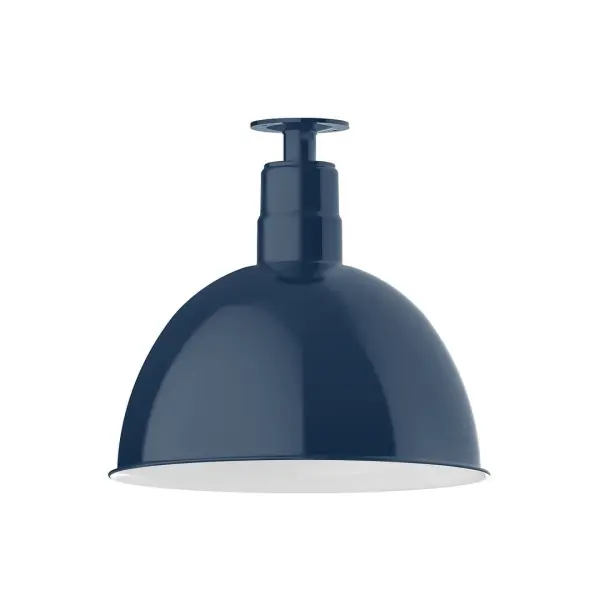 The Flush Mount Ceiling Light mounts close to the ceiling allowing for maximum head room. UL wet rated for outdoor use on a front porch, or in an entryway, but also for interior use as a decorative accent in the kitchen, hallway, bedroom, or bathroom. Our Deep Bowl shade, the ultimate domed reflector, is classic in shape and offers great light output. Collection: Deep Bowl Finish: Navy Glass: 16 inch Deep Bowl Width: 16.00" Height: 14.75" Length: 16.00" Weight: 12.00 lb Canopy: 4.125" diameter Number of Bulbs: 1 Maximum Wattage: 15.00 W Light Source: LED Light Output: 1200.00 lm Color Temperature: 3000 K CRI: 90 Dimmable Rated Average Life: 50,000 Voltage: 120.00 V Country of Origin: US Safety Listing: UL/cUL Safety Rating: Wet Dark Sky LED Manufacturer Warranty: 1-year limited warranty on the fixture.