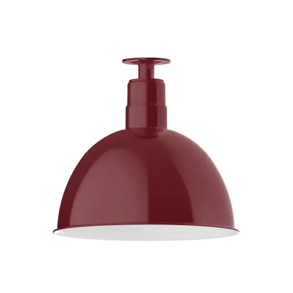 The Flush Mount Ceiling Light mounts close to the ceiling allowing for maximum head room. UL wet rated for outdoor use on a front porch, or in an entryway, but also for interior use as a decorative accent in the kitchen, hallway, bedroom, or bathroom. Our Deep Bowl shade, the ultimate domed reflector, is classic in shape and offers great light output. Collection: Deep Bowl Finish: Barn Red Glass: 16 inch Deep Bowl Notes: Option (1) A19 LED and 3-Integrated 8W, 10W, 15W Width: 16.00" Height: 14.75" Length: 16.00" Weight: 12.00 lb Canopy: 4.125" diameter Number of Bulbs: 1 Maximum Wattage: 100.00 W Bulb Type: A19 Bulb Base: E26 Medium Light Source: Incandescent or LED equivalent Dimmable Voltage: 120.00 V Country of Origin: US Safety Listing: UL/cUL Safety Rating: Wet Dark Sky LED Manufacturer Warranty: 1-year limited warranty on the fixture.