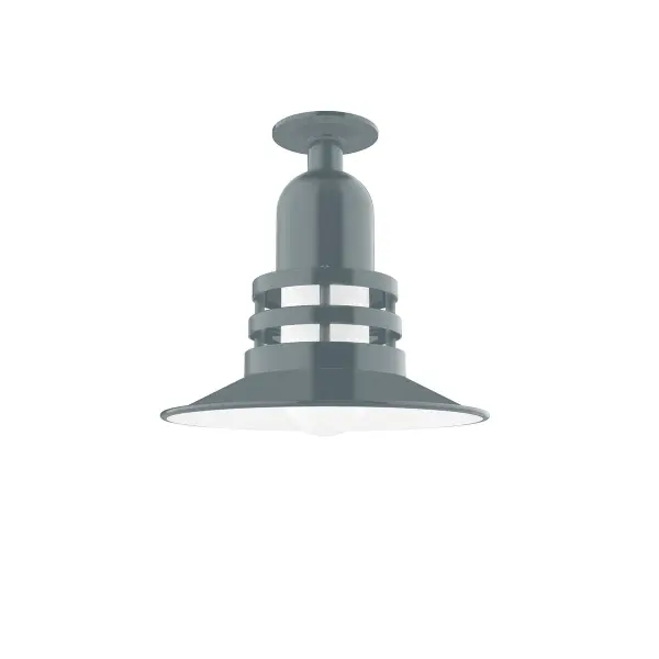 The Flush Mount Ceiling Light mounts close to the ceiling allowing for maximum head room. UL wet rated for outdoor use on a front porch, or in an entryway, but also for interior use as a decorative accent in the kitchen, hallway, bedroom, or bathroom. Our Deep Bowl shade, the ultimate domed reflector, is classic in shape and offers great light output. Collection: Atomic Finish: Slate Gray Glass: 12" Atomic Notes: A19 LED Width: 12.00" Height: 11.25" Weight: 8.00 lb Canopy: 4.125" Diameter Number of Bulbs: 1 Maximum Wattage: 100.00 W Bulb Type: A19 Bulb Base: E26 Medium Light Source: Incandescent or LED equivalent Dimmable Voltage: 120.00 V Country of Origin: US Safety Listing: UL/cUL Safety Rating: Wet LED Manufacturer Warranty: 1-year limited warranty on the fixture.