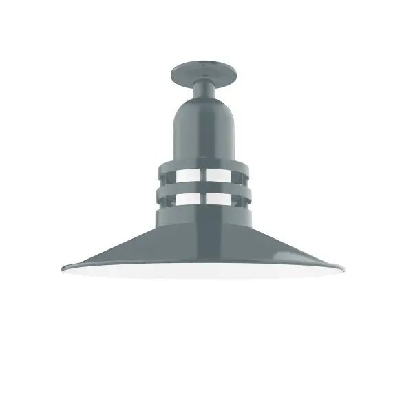 The Flush Mount Ceiling Light mounts close to the ceiling allowing for maximum head room. UL wet rated for outdoor use on a front porch, or in an entryway, but also for interior use as a decorative accent in the kitchen, hallway, bedroom, or bathroom. Our Deep Bowl shade, the ultimate domed reflector, is classic in shape and offers great light output. Collection: Atomic Finish: Slate Gray Glass: 16" Atomic Notes: A19 LED Width: 16.25" Height: 12.38" Weight: 12.00 lb Canopy: 4.125" Diameter Number of Bulbs: 1 Maximum Wattage: 100.00 W Bulb Type: A19 Bulb Base: E26 Medium Light Source: Incandescent or LED equivalent Dimmable Voltage: 120.00 V Country of Origin: US Safety Listing: UL/cUL Safety Rating: Wet LED Manufacturer Warranty: 1-year limited warranty on the fixture.