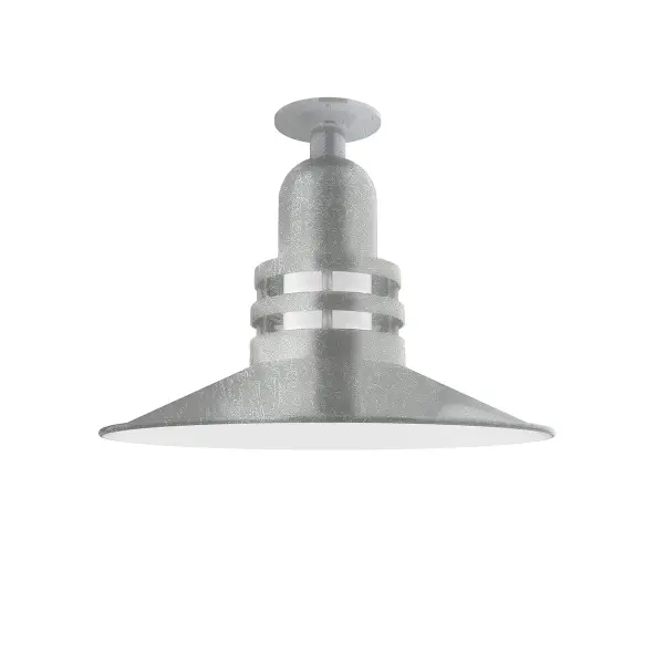 The Flush Mount Ceiling Light mounts close to the ceiling allowing for maximum head room. UL wet rated for outdoor use on a front porch, or in an entryway, but also for interior use as a decorative accent in the kitchen, hallway, bedroom, or bathroom. Our Deep Bowl shade, the ultimate domed reflector, is classic in shape and offers great light output. Collection: Atomic Finish: Painted Galvanized Glass: 16" Atomic Notes: A19 LED Width: 16.25" Height: 12.38" Weight: 12.00 lb Canopy: 4.125" Diameter Number of Bulbs: 1 Maximum Wattage: 100.00 W Bulb Type: A19 Bulb Base: E26 Medium Light Source: Incandescent or LED equivalent Dimmable Voltage: 120.00 V Country of Origin: US Safety Listing: UL/cUL Safety Rating: Wet LED Manufacturer Warranty: 1-year limited warranty on the fixture.