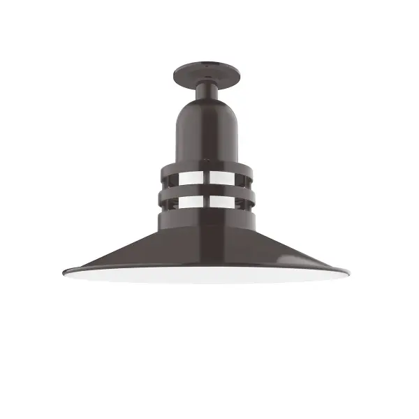 The Flush Mount Ceiling Light mounts close to the ceiling allowing for maximum head room. UL wet rated for outdoor use on a front porch, or in an entryway, but also for interior use as a decorative accent in the kitchen, hallway, bedroom, or bathroom. Our Deep Bowl shade, the ultimate domed reflector, is classic in shape and offers great light output. Collection: Atomic Finish: Architectural Bronze Glass: 16" Atomic Notes: A19 LED Width: 16.25" Height: 12.38" Weight: 12.00 lb Canopy: 4.125" Diameter Number of Bulbs: 1 Maximum Wattage: 100.00 W Bulb Type: A19 Bulb Base: E26 Medium Light Source: Incandescent or LED equivalent Dimmable Voltage: 120.00 V Country of Origin: US Safety Listing: UL/cUL Safety Rating: Wet LED Manufacturer Warranty: 1-year limited warranty on the fixture.