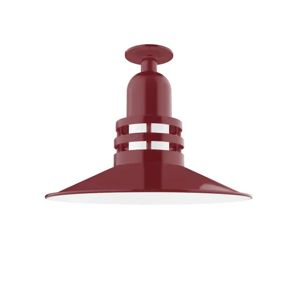 The Flush Mount Ceiling Light mounts close to the ceiling allowing for maximum head room. UL wet rated for outdoor use on a front porch, or in an entryway, but also for interior use as a decorative accent in the kitchen, hallway, bedroom, or bathroom. Our Deep Bowl shade, the ultimate domed reflector, is classic in shape and offers great light output. Collection: Atomic Finish: Barn Red Glass: 16" Atomic Notes: A19 LED Width: 16.25" Height: 12.38" Weight: 12.00 lb Canopy: 4.125" Diameter Number of Bulbs: 1 Maximum Wattage: 100.00 W Bulb Type: A19 Bulb Base: E26 Medium Light Source: Incandescent or LED equivalent Dimmable Voltage: 120.00 V Country of Origin: US Safety Listing: UL/cUL Safety Rating: Wet LED Manufacturer Warranty: 1-year limited warranty on the fixture.
