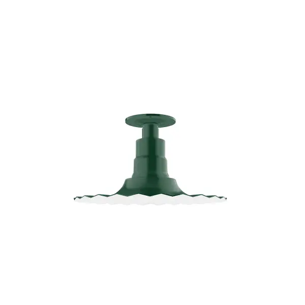 The Flush Mount Light Ceiling Light mounts close to the ceiling allowing for maximum head room. UL wet rated for outdoor use on a front porch, or in an entryway, but also for interior use as a decorative accent in the kitchen, hallway, bedroom, or bathroom. Our Radial shade, the ultimate domed reflector, is classic in shape and offers great light output. Collection: Radial Finish: Forest Green Glass: 12 inch Radial Width: 12.00" Height: 6.63" Weight: 8.00 lb Canopy: 4.125" diameter Number of Bulbs: 1 Maximum Wattage: 100.00 W Bulb Type: A19 Bulb Base: E26 Medium Light Source: Incandescent or LED equivalent Dimmable Voltage: 120.00 V Country of Origin: US Safety Listing: UL/cUL Safety Rating: Wet Dark Sky LED Manufacturer Warranty: 1-year limited warranty on the fixture.