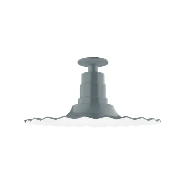 The Flush Mount Light Ceiling Light mounts close to the ceiling allowing for maximum head room. UL wet rated for outdoor use on a front porch, or in an entryway, but also for interior use as a decorative accent in the kitchen, hallway, bedroom, or bathroom. Our Radial shade, the ultimate domed reflector, is classic in shape and offers great light output. Collection: Radial Finish: Slate Gray Glass: 16 inch Radial Width: 16.00" Height: 8.38" Weight: 12.00 lb Canopy: 4.125" diameter Number of Bulbs: 1 Maximum Wattage: 100.00 W Bulb Type: A19 Bulb Base: E26 Medium Light Source: Incandescent or LED equivalent Dimmable Voltage: 120.00 V Country of Origin: US Safety Listing: UL/cUL Safety Rating: Wet Dark Sky LED Manufacturer Warranty: 1-year limited warranty on the fixture.