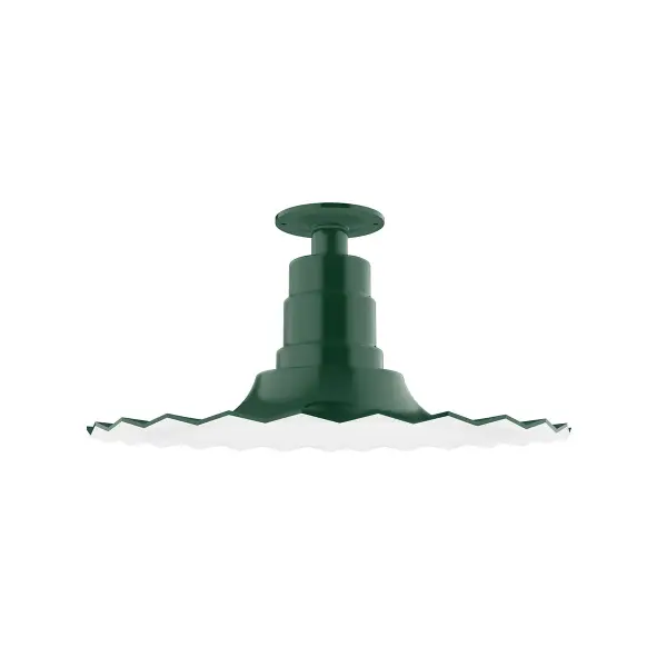 The Flush Mount Light Ceiling Light mounts close to the ceiling allowing for maximum head room. UL wet rated for outdoor use on a front porch, or in an entryway, but also for interior use as a decorative accent in the kitchen, hallway, bedroom, or bathroom. Our Radial shade, the ultimate domed reflector, is classic in shape and offers great light output. Collection: Radial Finish: Forest Green Glass: 16 inch Radial Width: 16.00" Height: 8.38" Weight: 12.00 lb Canopy: 4.125" diameter Number of Bulbs: 1 Maximum Wattage: 100.00 W Bulb Type: A19 Bulb Base: E26 Medium Light Source: Incandescent or LED equivalent Dimmable Voltage: 120.00 V Country of Origin: US Safety Listing: UL/cUL Safety Rating: Wet Dark Sky LED Manufacturer Warranty: 1-year limited warranty on the fixture.