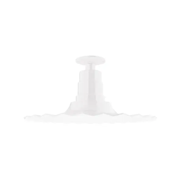 The Flush Mount Light Ceiling Light mounts close to the ceiling allowing for maximum head room. UL wet rated for outdoor use on a front porch, or in an entryway, but also for interior use as a decorative accent in the kitchen, hallway, bedroom, or bathroom. Our Radial shade, the ultimate domed reflector, is classic in shape and offers great light output. Collection: Radial Finish: White Glass: 16 inch Radial Width: 16.00" Height: 8.38" Weight: 12.00 lb Canopy: 4.125" diameter Number of Bulbs: 1 Maximum Wattage: 100.00 W Bulb Type: A19 Bulb Base: E26 Medium Light Source: Incandescent or LED equivalent Dimmable Voltage: 120.00 V Country of Origin: US Safety Listing: UL/cUL Safety Rating: Wet Dark Sky LED Manufacturer Warranty: 1-year limited warranty on the fixture.