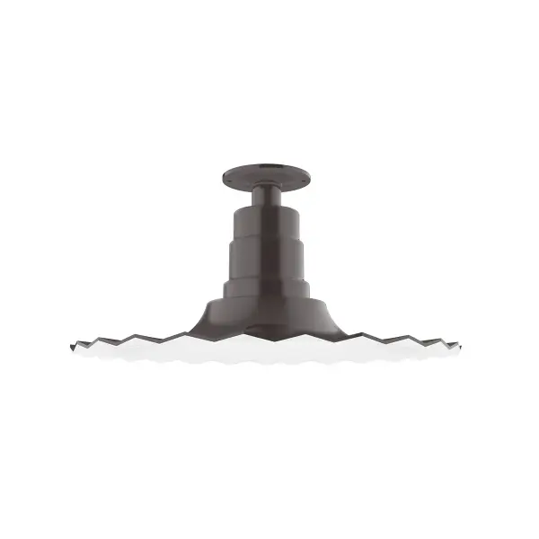 The Flush Mount Light Ceiling Light mounts close to the ceiling allowing for maximum head room. UL wet rated for outdoor use on a front porch, or in an entryway, but also for interior use as a decorative accent in the kitchen, hallway, bedroom, or bathroom. Our Radial shade, the ultimate domed reflector, is classic in shape and offers great light output. Collection: Radial Finish: Architectural Bronze Glass: 16 inch Radial Width: 16.00" Height: 8.38" Weight: 12.00 lb Canopy: 4.125" diameter Number of Bulbs: 1 Maximum Wattage: 100.00 W Bulb Type: A19 Bulb Base: E26 Medium Light Source: Incandescent or LED equivalent Dimmable Voltage: 120.00 V Country of Origin: US Safety Listing: UL/cUL Safety Rating: Wet Dark Sky LED Manufacturer Warranty: 1-year limited warranty on the fixture.