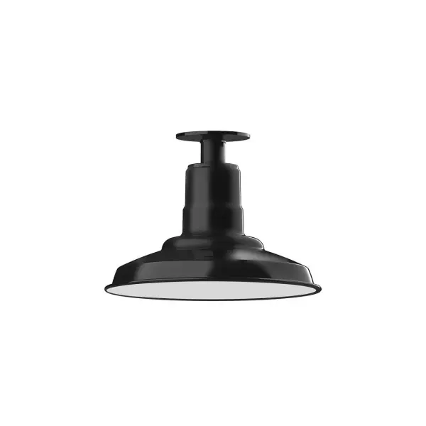 The Flush Mount Ceiling Light mounts close to the ceiling allowing for maximum head room. Ours are UL wet rated for outdoor use on a front porch, or in an entryway, and work well for interior use in the kitchen, hallway, bedroom, or bathroom. The Warehouse shade is our most popular shade style, and we offer in a variety of sizes. Collection: Warehouse Finish: Black Glass: 12 inch Warehouse Notes: Option (1) A19 LED and 3-Integrated 8W, 10W, 15W Width: 12.00" Height: 8.75" Length: 12.00" Weight: 8.00 lb Canopy: 4.125" diameter Number of Bulbs: 1 Maximum Wattage: 100.00 W Bulb Type: A19 Bulb Base: E26 Medium Light Source: Incandescent or LED equivalent Dimmable Voltage: 120.00 V Country of Origin: US Safety Listing: UL/cUL Safety Rating: Wet Dark Sky LED Manufacturer Warranty: 1-year limited warranty on the fixture.