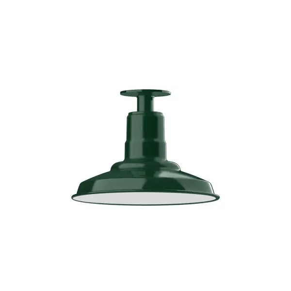 The Flush Mount Ceiling Light mounts close to the ceiling allowing for maximum head room. Ours are UL wet rated for outdoor use on a front porch, or in an entryway, and work well for interior use in the kitchen, hallway, bedroom, or bathroom. The Warehouse shade is our most popular shade style, and we offer in a variety of sizes. Collection: Warehouse Finish: Forest Green Glass: 12 inch Warehouse Notes: Option (1) A19 LED and 3-Integrated 8W, 10W, 15W Width: 12.00" Height: 8.75" Length: 12.00" Weight: 8.00 lb Canopy: 4.125" diameter Number of Bulbs: 1 Maximum Wattage: 100.00 W Bulb Type: A19 Bulb Base: E26 Medium Light Source: Incandescent or LED equivalent Dimmable Voltage: 120.00 V Country of Origin: US Safety Listing: UL/cUL Safety Rating: Wet Dark Sky LED Manufacturer Warranty: 1-year limited warranty on the fixture.