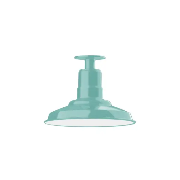 The Flush Mount Ceiling Light mounts close to the ceiling allowing for maximum head room. Ours are UL wet rated for outdoor use on a front porch, or in an entryway, and work well for interior use in the kitchen, hallway, bedroom, or bathroom. The Warehouse shade is our most popular shade style, and we offer in a variety of sizes. Collection: Warehouse Finish: Sea Green Glass: 12 inch Warehouse Width: 12.00" Height: 8.75" Length: 12.00" Weight: 8.00 lb Canopy: 4.125" diameter Number of Bulbs: 1 Maximum Wattage: 10.00 W Light Source: LED Light Output: 800.00 lm Color Temperature: 2700 K CRI: 90 Dimmable Rated Average Life: 50,000 Voltage: 120.00 V Country of Origin: US Safety Listing: UL/cUL Safety Rating: Wet Dark Sky LED Manufacturer Warranty: 1-year limited warranty on the fixture.