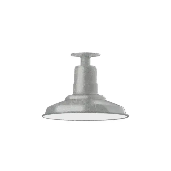 The Flush Mount Ceiling Light mounts close to the ceiling allowing for maximum head room. Ours are UL wet rated for outdoor use on a front porch, or in an entryway, and work well for interior use in the kitchen, hallway, bedroom, or bathroom. The Warehouse shade is our most popular shade style, and we offer in a variety of sizes. Collection: Warehouse Finish: Painted Galvanized Glass: 12 inch Warehouse Notes: Option (1) A19 LED and 3-Integrated 8W, 10W, 15W Width: 12.00" Height: 8.75" Length: 12.00" Weight: 8.00 lb Canopy: 4.125" diameter Number of Bulbs: 1 Maximum Wattage: 100.00 W Bulb Type: A19 Bulb Base: E26 Medium Light Source: Incandescent or LED equivalent Dimmable Voltage: 120.00 V Country of Origin: US Safety Listing: UL/cUL Safety Rating: Wet Dark Sky LED Manufacturer Warranty: 1-year limited warranty on the fixture.