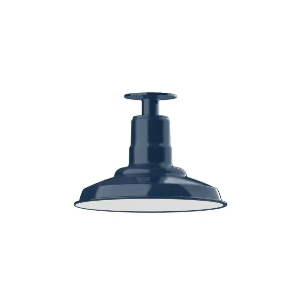 The Flush Mount Ceiling Light mounts close to the ceiling allowing for maximum head room. Ours are UL wet rated for outdoor use on a front porch, or in an entryway, and work well for interior use in the kitchen, hallway, bedroom, or bathroom. The Warehouse shade is our most popular shade style, and we offer in a variety of sizes. Collection: Warehouse Finish: Navy Glass: 12 inch Warehouse Notes: Option (1) A19 LED and 3-Integrated 8W, 10W, 15W Width: 12.00" Height: 8.75" Length: 12.00" Weight: 8.00 lb Canopy: 4.125" diameter Number of Bulbs: 1 Maximum Wattage: 100.00 W Bulb Type: A19 Bulb Base: E26 Medium Light Source: Incandescent or LED equivalent Dimmable Voltage: 120.00 V Country of Origin: US Safety Listing: UL/cUL Safety Rating: Wet Dark Sky LED Manufacturer Warranty: 1-year limited warranty on the fixture.