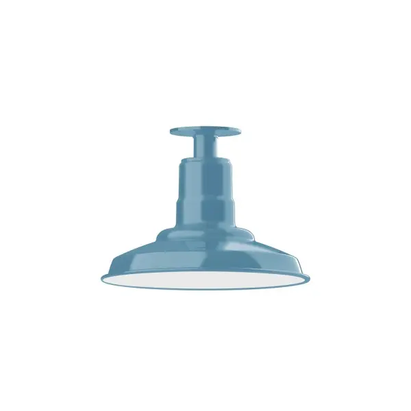 The Flush Mount Ceiling Light mounts close to the ceiling allowing for maximum head room. Ours are UL wet rated for outdoor use on a front porch, or in an entryway, and work well for interior use in the kitchen, hallway, bedroom, or bathroom. The Warehouse shade is our most popular shade style, and we offer in a variety of sizes. Collection: Warehouse Finish: Light Blue Glass: 12 inch Warehouse Notes: Option (1) A19 LED and 3-Integrated 8W, 10W, 15W Width: 12.00" Height: 8.75" Length: 12.00" Weight: 8.00 lb Canopy: 4.125" diameter Number of Bulbs: 1 Maximum Wattage: 100.00 W Bulb Type: A19 Bulb Base: E26 Medium Light Source: Incandescent or LED equivalent Dimmable Voltage: 120.00 V Country of Origin: US Safety Listing: UL/cUL Safety Rating: Wet Dark Sky LED Manufacturer Warranty: 1-year limited warranty on the fixture.