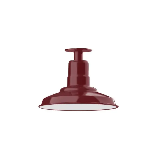 The Flush Mount Ceiling Light mounts close to the ceiling allowing for maximum head room. Ours are UL wet rated for outdoor use on a front porch, or in an entryway, and work well for interior use in the kitchen, hallway, bedroom, or bathroom. The Warehouse shade is our most popular shade style, and we offer in a variety of sizes. Collection: Warehouse Finish: Barn Red Glass: 12 inch Warehouse Notes: Option (1) A19 LED and 3-Integrated 8W, 10W, 15W Width: 12.00" Height: 8.75" Length: 12.00" Weight: 8.00 lb Canopy: 4.125" diameter Number of Bulbs: 1 Maximum Wattage: 100.00 W Bulb Type: A19 Bulb Base: E26 Medium Light Source: Incandescent or LED equivalent Dimmable Voltage: 120.00 V Country of Origin: US Safety Listing: UL/cUL Safety Rating: Wet Dark Sky LED Manufacturer Warranty: 1-year limited warranty on the fixture.
