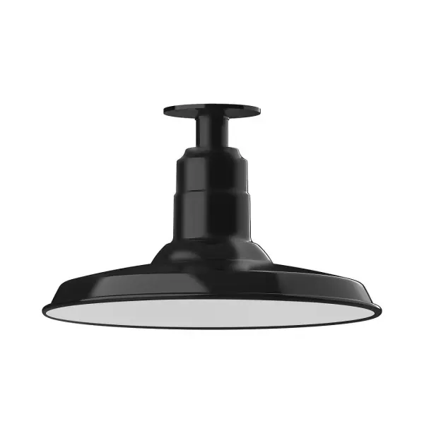 The Flush Mount Ceiling Light mounts close to the ceiling allowing for maximum head room. Ours are UL wet rated for outdoor use on a front porch, or in an entryway, and work well for interior use in the kitchen, hallway, bedroom, or bathroom. The Warehouse shade is our most popular shade style, and we offer in a variety of sizes. Collection: Warehouse Finish: Black Glass: 14 inch Warehouse Notes: Option (1) A19 LED and 3-Integrated 8W, 10W, 15W Width: 14.00" Height: 8.75" Length: 14.00" Weight: 10.00 lb Canopy: 4.125" diameter Number of Bulbs: 1 Maximum Wattage: 100.00 W Bulb Type: A19 Bulb Base: E26 Medium Light Source: Incandescent or LED equivalent Dimmable Voltage: 120.00 V Country of Origin: US Safety Listing: UL/cUL Safety Rating: Wet Dark Sky LED Manufacturer Warranty: 1-year limited warranty on the fixture.