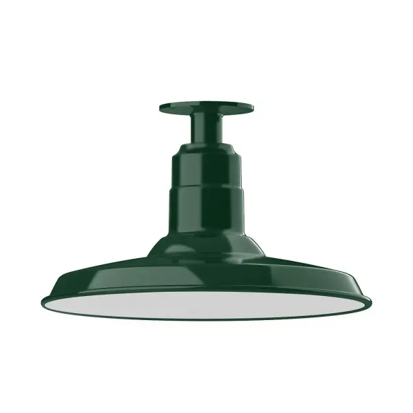 The Flush Mount Ceiling Light mounts close to the ceiling allowing for maximum head room. Ours are UL wet rated for outdoor use on a front porch, or in an entryway, and work well for interior use in the kitchen, hallway, bedroom, or bathroom. The Warehouse shade is our most popular shade style, and we offer in a variety of sizes. Collection: Warehouse Finish: Forest Green Glass: 14 inch Warehouse Notes: Option (1) A19 LED and 3-Integrated 8W, 10W, 15W Width: 14.00" Height: 8.75" Length: 14.00" Weight: 10.00 lb Canopy: 4.125" diameter Number of Bulbs: 1 Maximum Wattage: 100.00 W Bulb Type: A19 Bulb Base: E26 Medium Light Source: Incandescent or LED equivalent Dimmable Voltage: 120.00 V Country of Origin: US Safety Listing: UL/cUL Safety Rating: Wet Dark Sky LED Manufacturer Warranty: 1-year limited warranty on the fixture.
