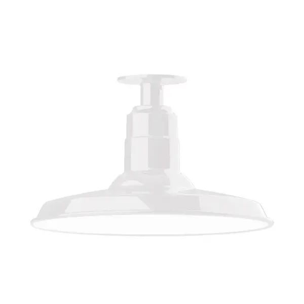 The Flush Mount Ceiling Light mounts close to the ceiling allowing for maximum head room. Ours are UL wet rated for outdoor use on a front porch, or in an entryway, and work well for interior use in the kitchen, hallway, bedroom, or bathroom. The Warehouse shade is our most popular shade style, and we offer in a variety of sizes. Collection: Warehouse Finish: White Glass: 14 inch Warehouse Width: 14.00" Height: 8.75" Length: 14.00" Weight: 10.00 lb Canopy: 4.125" diameter Number of Bulbs: 1 Maximum Wattage: 15.00 W Light Source: LED Light Output: 1200.00 lm Color Temperature: 3000 K CRI: 90 Dimmable Rated Average Life: 50,000 Voltage: 120.00 V Country of Origin: US Safety Listing: UL/cUL Safety Rating: Wet Dark Sky LED Manufacturer Warranty: 1-year limited warranty on the fixture.