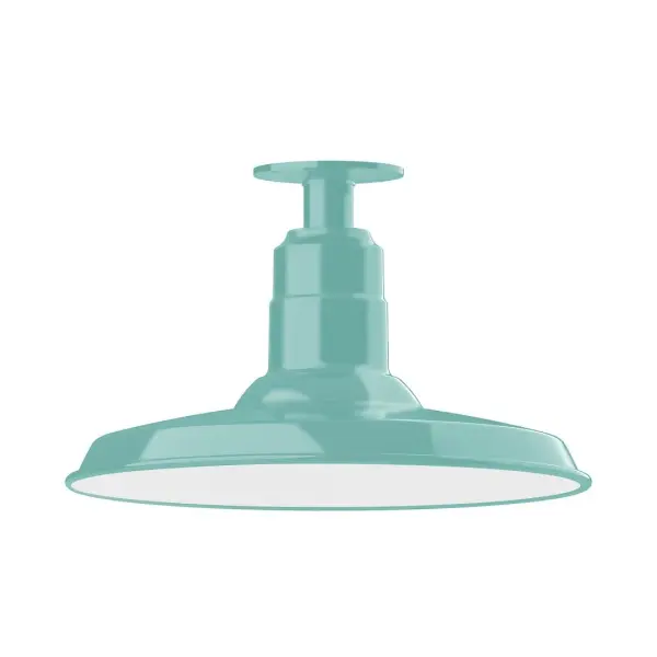 The Flush Mount Ceiling Light mounts close to the ceiling allowing for maximum head room. Ours are UL wet rated for outdoor use on a front porch, or in an entryway, and work well for interior use in the kitchen, hallway, bedroom, or bathroom. The Warehouse shade is our most popular shade style, and we offer in a variety of sizes. Collection: Warehouse Finish: Sea Green Glass: 14 inch Warehouse Width: 14.00" Height: 8.75" Length: 14.00" Weight: 10.00 lb Canopy: 4.125" diameter Number of Bulbs: 1 Maximum Wattage: 15.00 W Light Source: LED Light Output: 1200.00 lm Color Temperature: 2700 K CRI: 90 Dimmable Rated Average Life: 50,000 Voltage: 120.00 V Country of Origin: US Safety Listing: UL/cUL Safety Rating: Wet Dark Sky LED Manufacturer Warranty: 1-year limited warranty on the fixture.