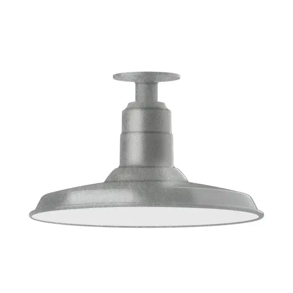 The Flush Mount Ceiling Light mounts close to the ceiling allowing for maximum head room. Ours are UL wet rated for outdoor use on a front porch, or in an entryway, and work well for interior use in the kitchen, hallway, bedroom, or bathroom. The Warehouse shade is our most popular shade style, and we offer in a variety of sizes. Collection: Warehouse Finish: Painted Galvanized Glass: 14 inch Warehouse Notes: Option (1) A19 LED and 3-Integrated 8W, 10W, 15W Width: 14.00" Height: 8.75" Length: 14.00" Weight: 10.00 lb Canopy: 4.125" diameter Number of Bulbs: 1 Maximum Wattage: 100.00 W Bulb Type: A19 Bulb Base: E26 Medium Light Source: Incandescent or LED equivalent Dimmable Voltage: 120.00 V Country of Origin: US Safety Listing: UL/cUL Safety Rating: Wet Dark Sky LED Manufacturer Warranty: 1-year limited warranty on the fixture.